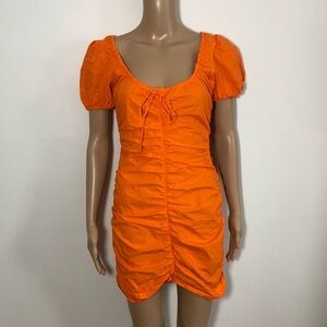 Ganni Orange Ruched Puff Sleeve Cotton Mini Dress Scoop neckline XS